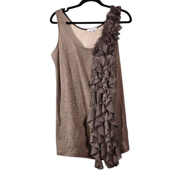 Mystree Size Medium Women's Blouse Sleeveless Ruffle Accent Lined Tan - Picture 1 of 7